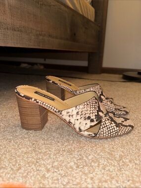 Nine West Women's Snake-Print Block Heel Slide Sandals in Beige and Brown